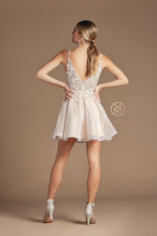 Beaded Short Illusion V-Neck Dress by Nox Anabel E711