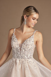 Beaded Short Illusion V-Neck Dress by Nox Anabel E711