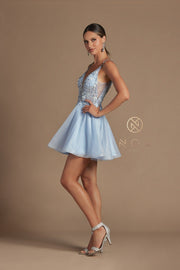 Beaded Short Illusion V-Neck Dress by Nox Anabel E711