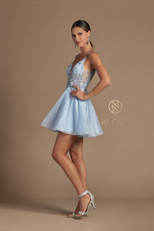 Beaded Short Illusion V-Neck Dress by Nox Anabel E711