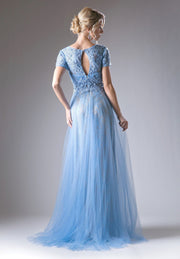 Beaded Short Sleeve Lace Evening Dress by Cinderella Divine CD004-Long Formal Dresses-ABC Fashion