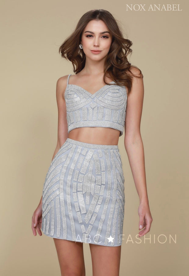 Beaded Short Two-Piece Dress with Pencil Skirt by Nox Anabel R650-Short Cocktail Dresses-ABC Fashion