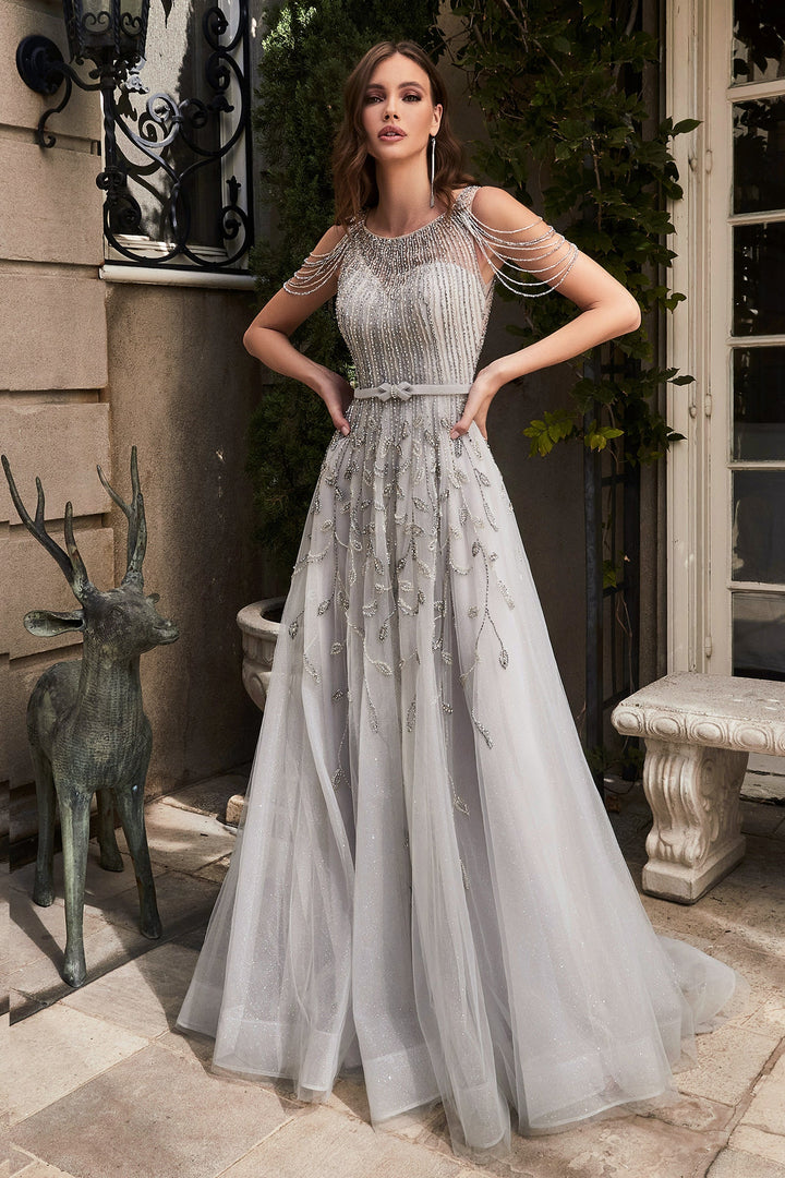 Beaded Silver Ball Gown by Cinderella Divine B710