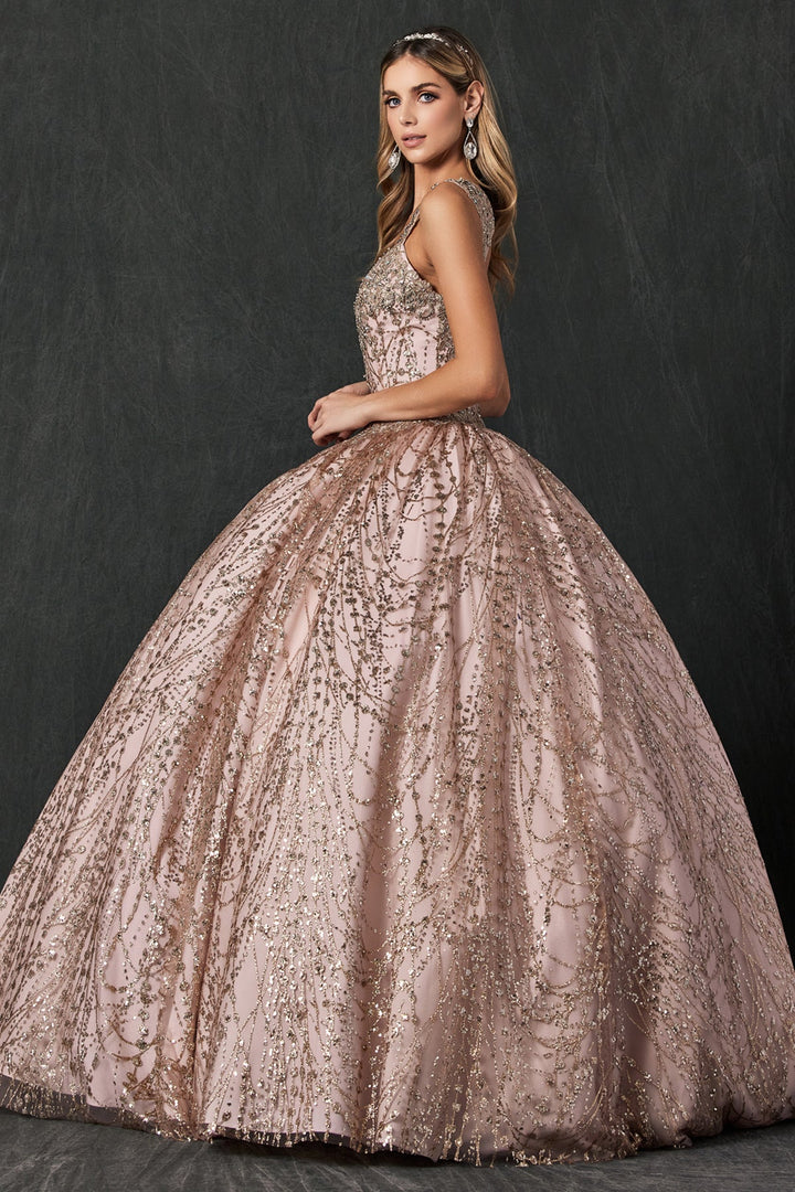 Beaded Sleeveless Glitter Ball Gown by Juliet 1428