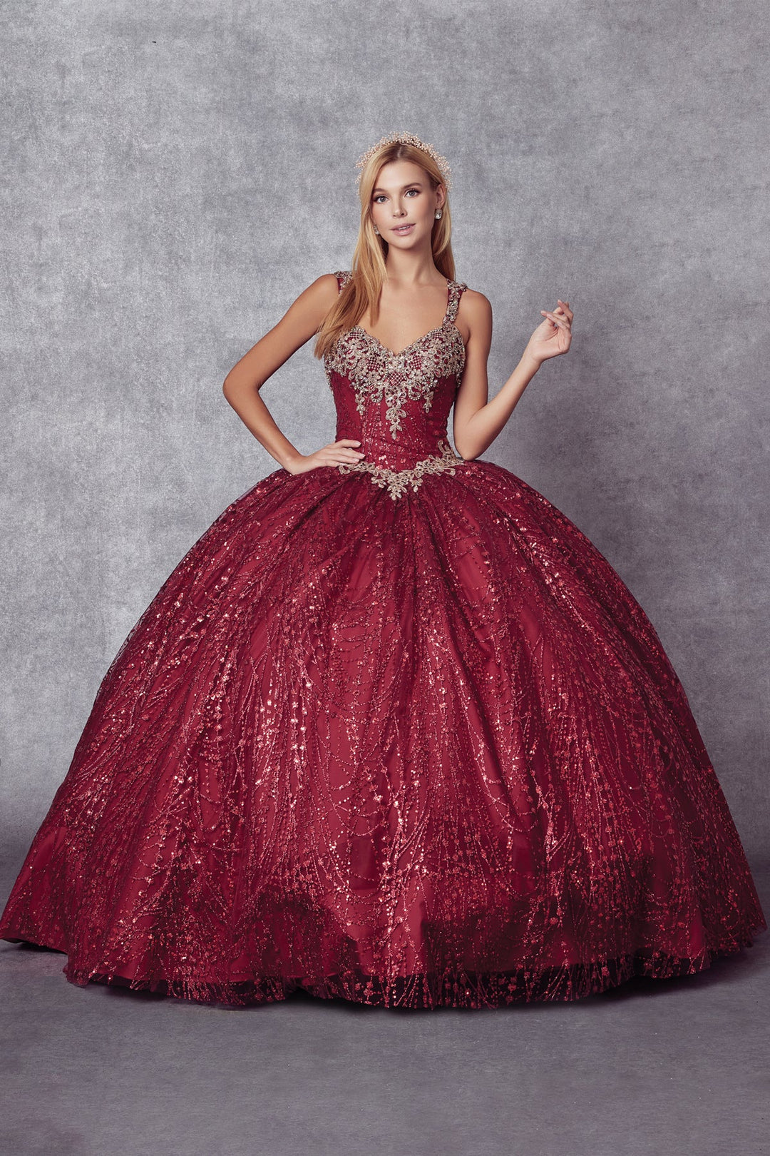 Beaded Sleeveless Glitter Ball Gown by Juliet 1428