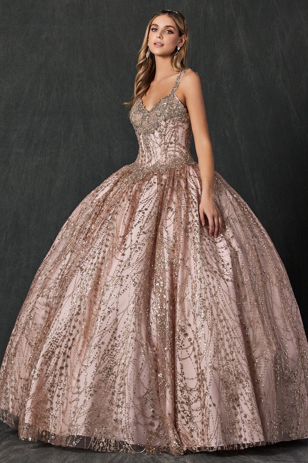 Beaded Sleeveless Glitter Ball Gown by Juliet 1428