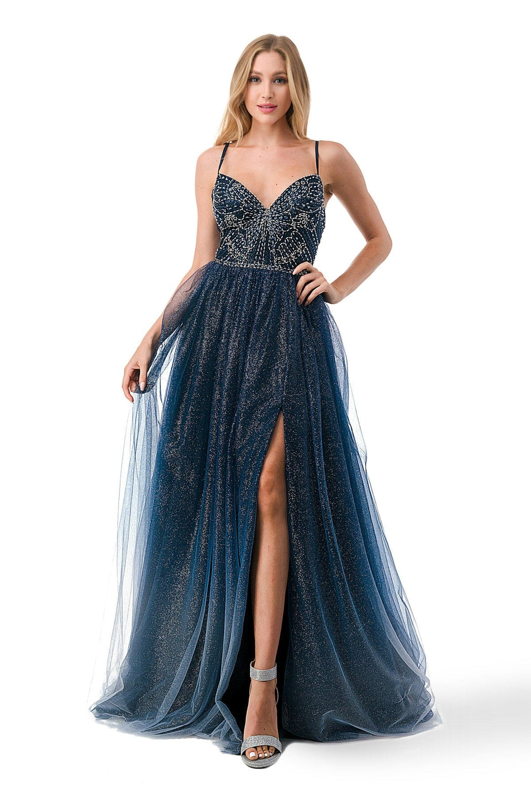 Beaded Sleeveless Slit Gown by Coya L2788F