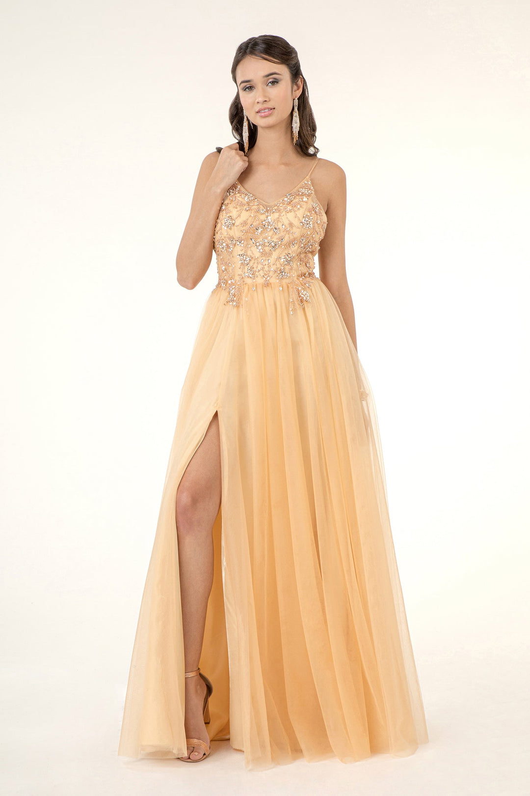 Beaded Sleeveless Slit Gown by Elizabeth K GL2983