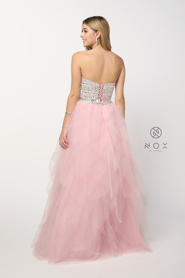 Beaded Strapless Sweetheart Gown with Tiered Skirt by Nox Anabel 2740-Long Formal Dresses-ABC Fashion