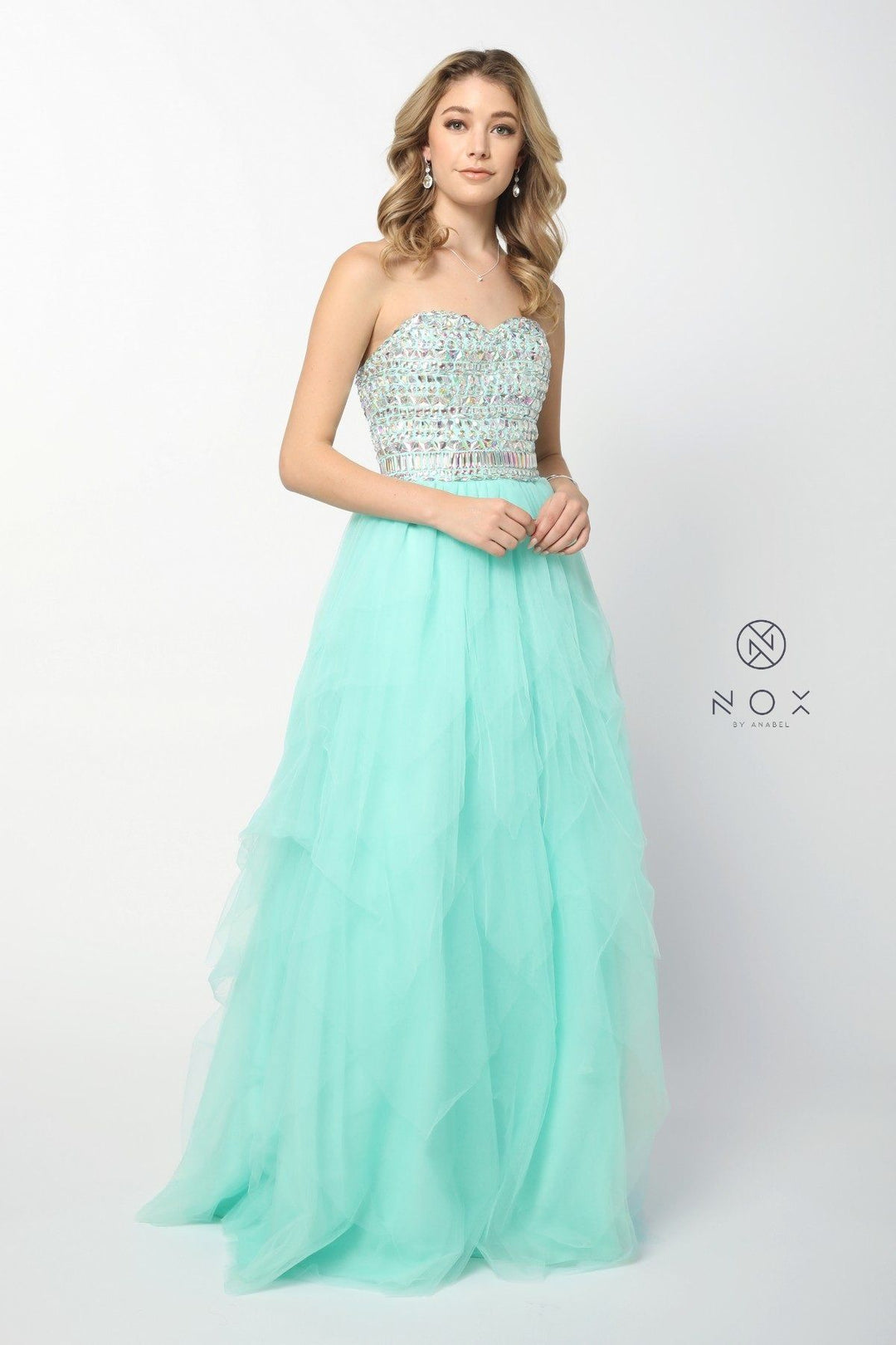 Beaded Strapless Sweetheart Gown with Tiered Skirt by Nox Anabel 2740-Long Formal Dresses-ABC Fashion