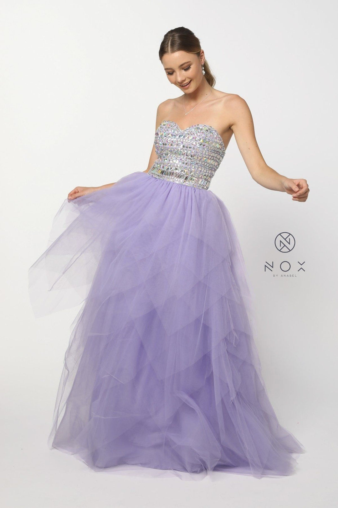 Beaded Strapless Sweetheart Gown with Tiered Skirt by Nox Anabel 2740-Long Formal Dresses-ABC Fashion