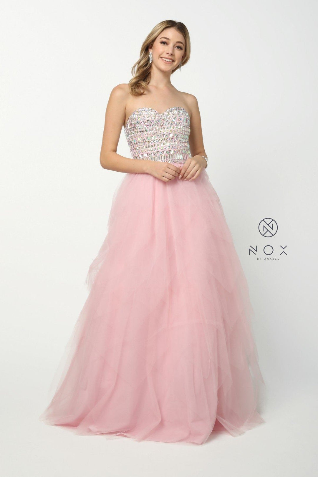 Beaded Strapless Sweetheart Gown with Tiered Skirt by Nox Anabel 2740-Long Formal Dresses-ABC Fashion