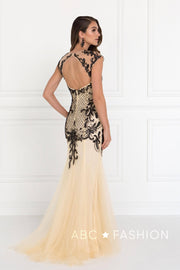 Beaded Tulle Champagne/Black Mermaid Gown by Elizabeth K GL2169-Long Formal Dresses-ABC Fashion