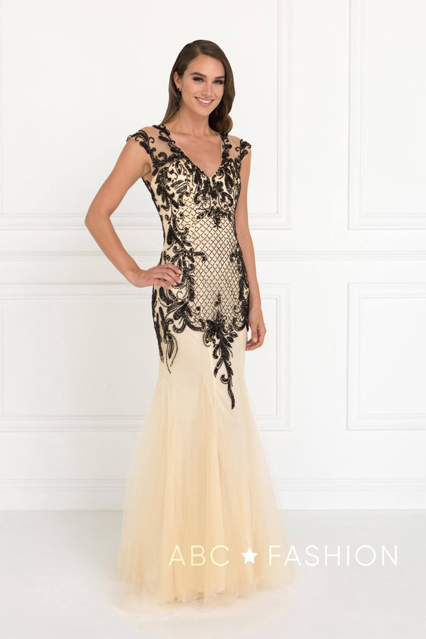 Beaded Tulle Champagne/Black Mermaid Gown by Elizabeth K GL2169-Long Formal Dresses-ABC Fashion