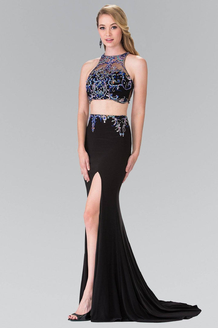 Beaded Two-Piece Illusion Dress with Slit by Elizabeth K GL2277-Long Formal Dresses-ABC Fashion