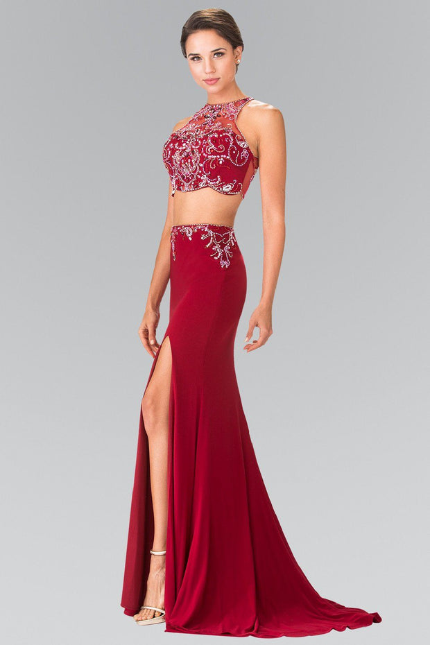 Beaded Two-Piece Illusion Dress with Slit by Elizabeth K GL2277-Long Formal Dresses-ABC Fashion