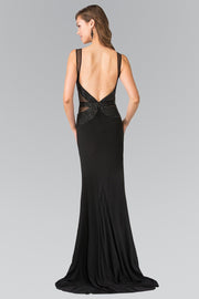 Black Beaded Illusion Dress with Open Back by Elizabeth K GL2234-Long Formal Dresses-ABC Fashion