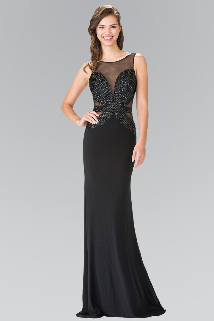 Black Beaded Illusion Dress with Open Back by Elizabeth K GL2234-Long Formal Dresses-ABC Fashion