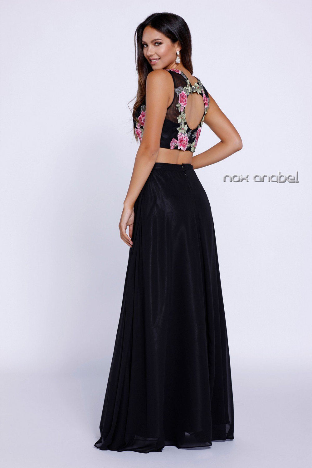 Black Crop Top Dress with Floral Embroidery by Nox Anabel 8256-Long Formal Dresses-ABC Fashion