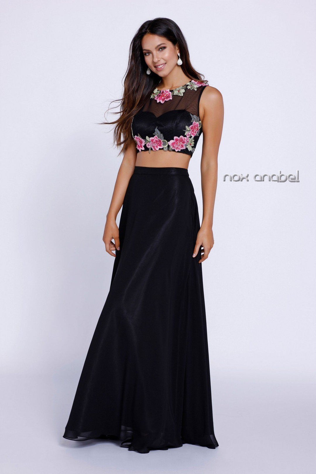 Black Crop Top Dress with Floral Embroidery by Nox Anabel 8256-Long Formal Dresses-ABC Fashion