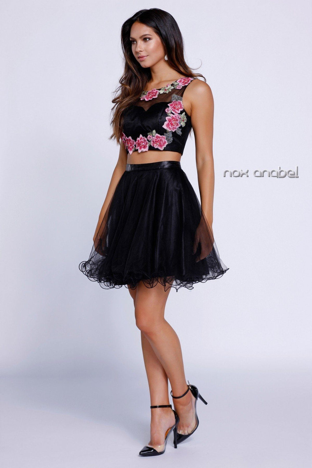 Black Crop Top Floral Embroiderered Dress by Nox Anabel 6228-Short Cocktail Dresses-ABC Fashion