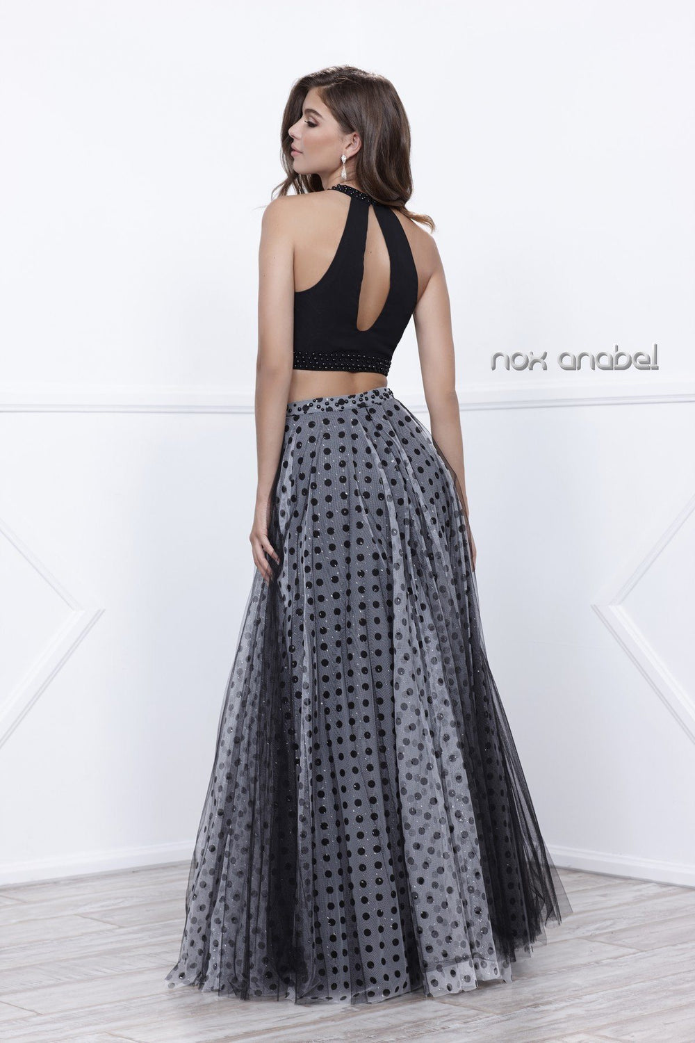 Black Halter Crop Top Polka Dot Print Dress by Nox Anabel 8204-Long Formal Dresses-ABC Fashion