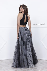 Black Halter Crop Top Polka Dot Print Dress by Nox Anabel 8204-Long Formal Dresses-ABC Fashion