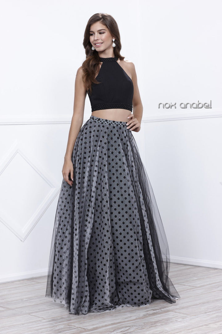 Black Halter Crop Top Polka Dot Print Dress by Nox Anabel 8204-Long Formal Dresses-ABC Fashion