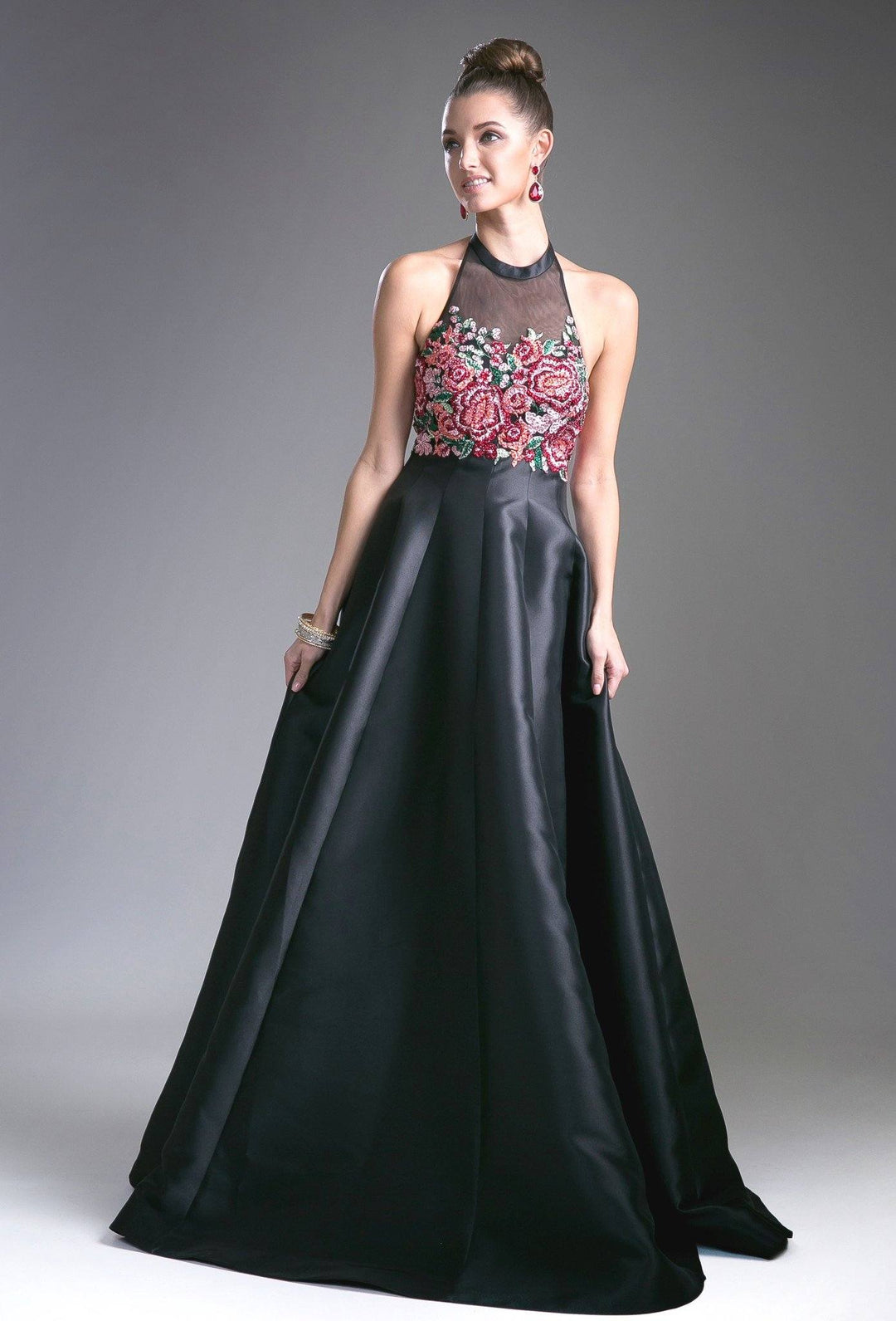Black Halter Evening Dress with Floral Top by Cinderella Divine C80325-Long Formal Dresses-ABC Fashion