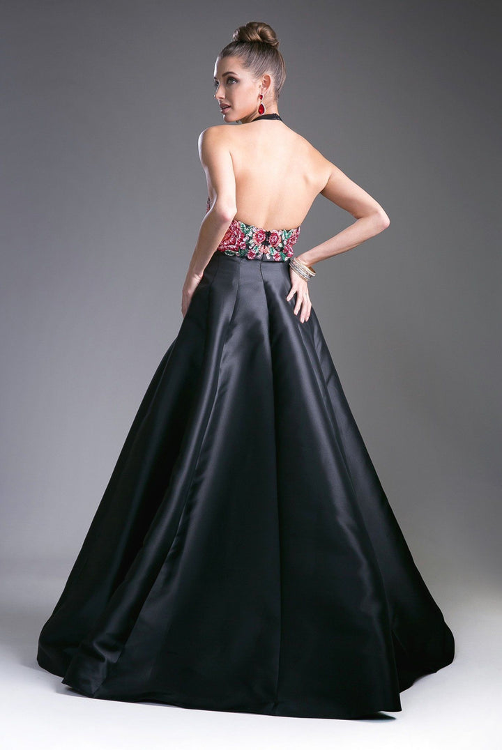 Black Halter Evening Dress with Floral Top by Cinderella Divine C80325-Long Formal Dresses-ABC Fashion