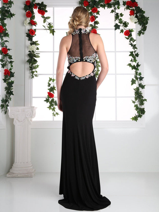 Black High Neck Beaded Illusion Dress by Cinderella Divine CK43-Long Formal Dresses-ABC Fashion