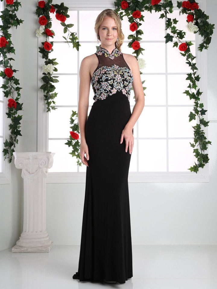 Black High Neck Beaded Illusion Dress by Cinderella Divine CK43-Long Formal Dresses-ABC Fashion