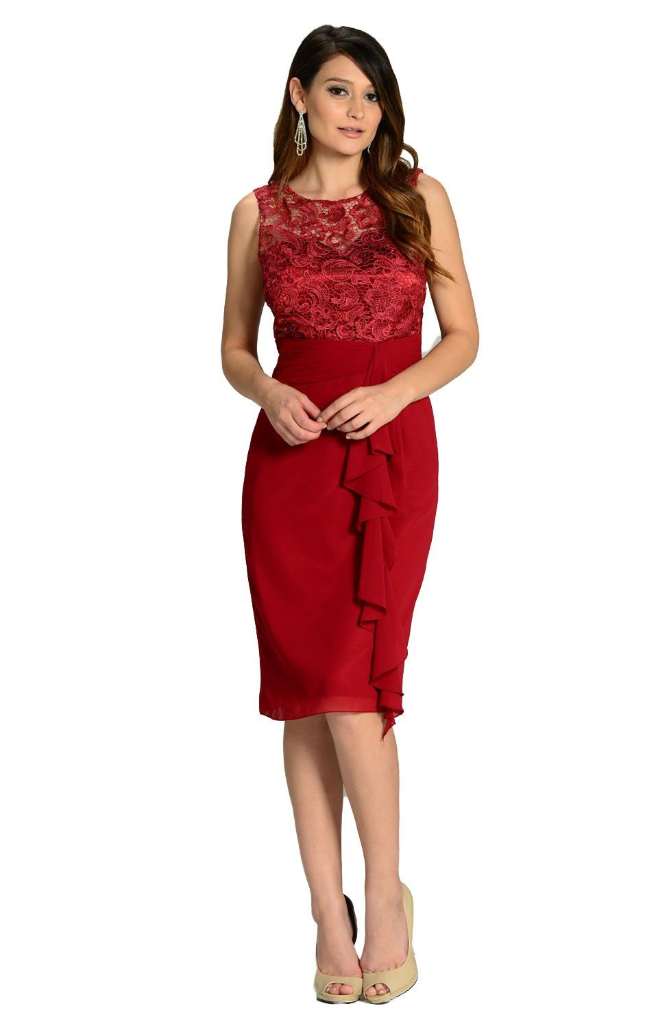 Black Knee Length Chiffon Dress with Lace Top by Poly USA-Short Cocktail Dresses-ABC Fashion