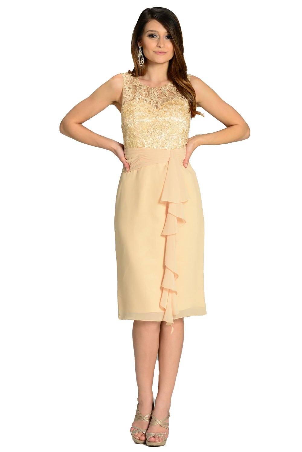 Black Knee Length Chiffon Dress with Lace Top by Poly USA-Short Cocktail Dresses-ABC Fashion