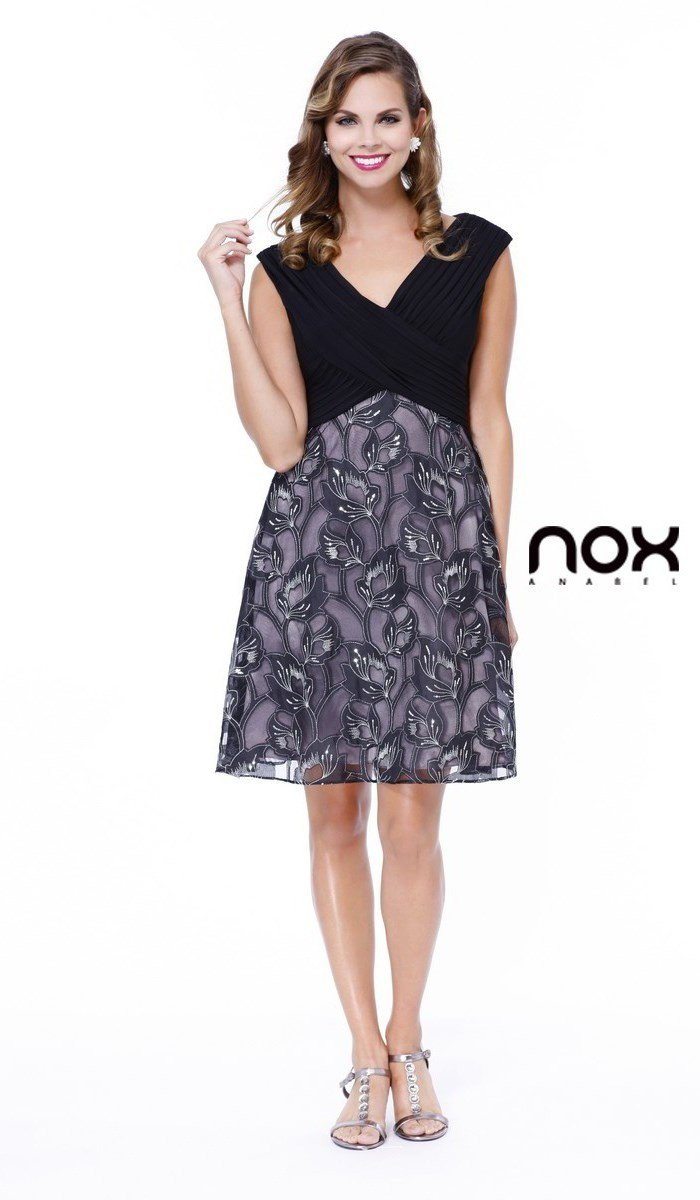 Black Knee Length Dress with Floral Print Skirt by Nox Anabel 5132-Short Cocktail Dresses-ABC Fashion