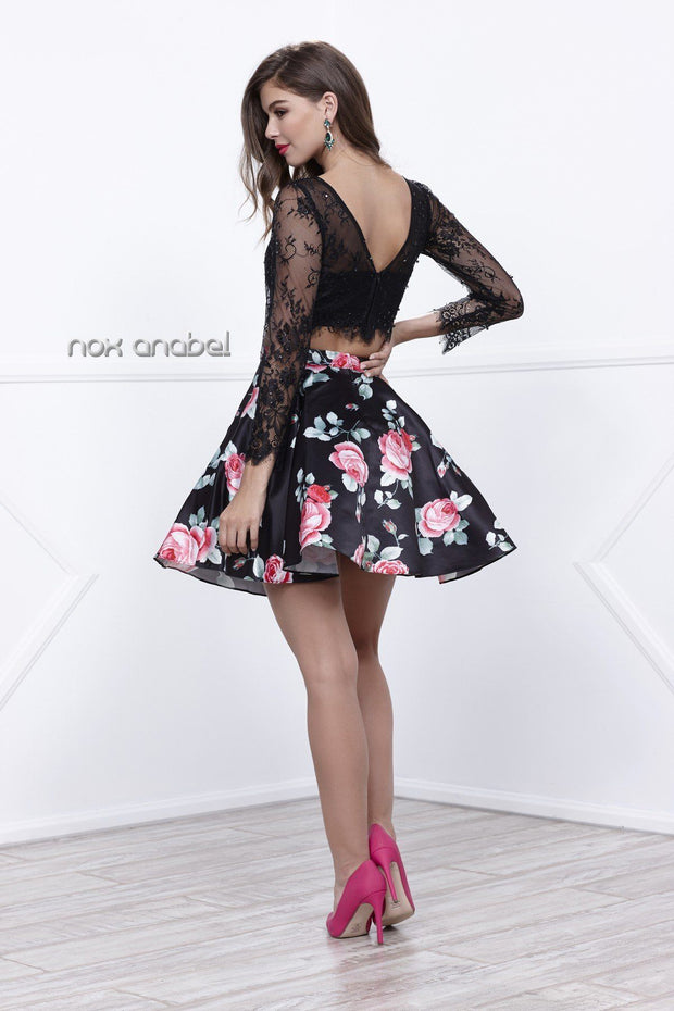 Black Lace Crop Top Floral Print Short Dress by Nox Anabel 6223-Short Cocktail Dresses-ABC Fashion