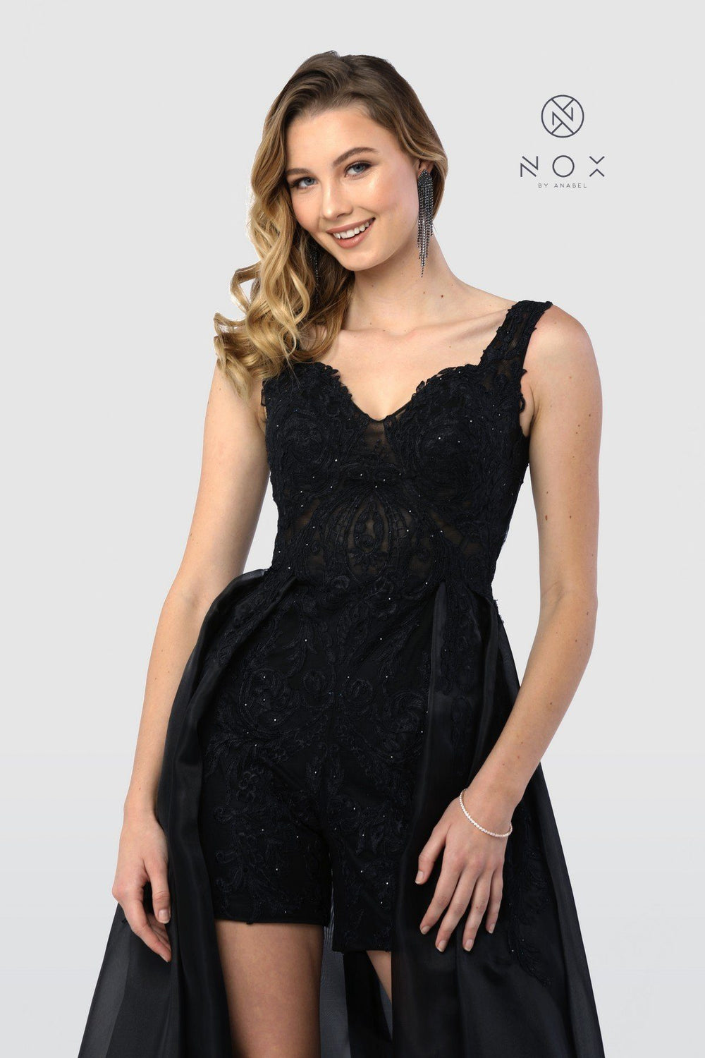 Black Lace Sweetheart Romper With Overskirt by Nox Anabel A172-Long Formal Dresses-ABC Fashion