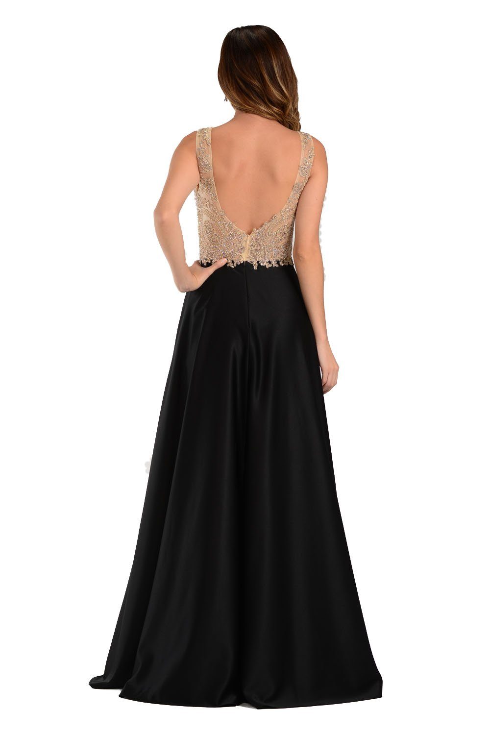 Black Long A Line Gown with Lace Applique Bodice by Poly USA-Long Formal Dresses-ABC Fashion