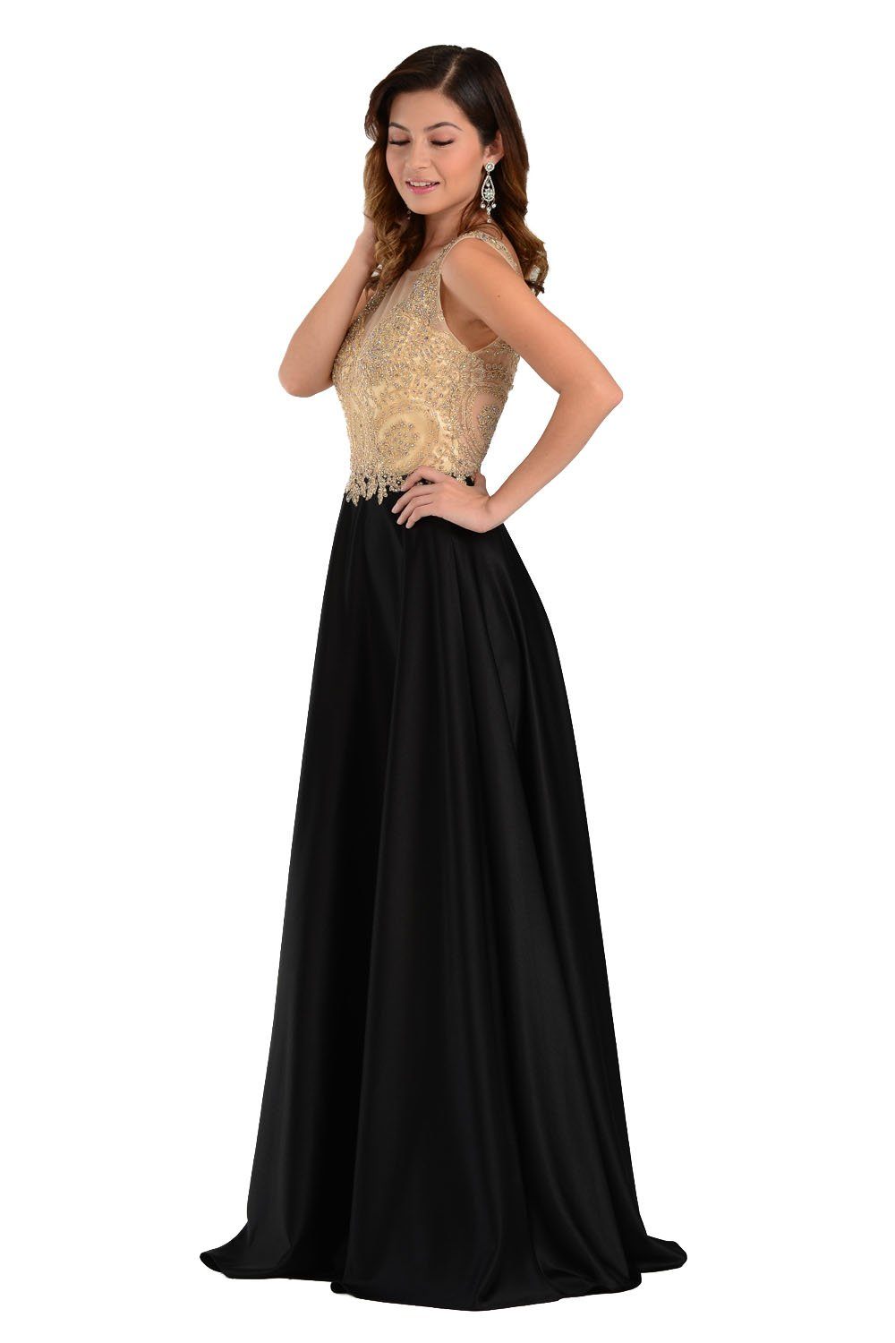 Black Long A Line Gown with Lace Applique Bodice by Poly USA-Long Formal Dresses-ABC Fashion