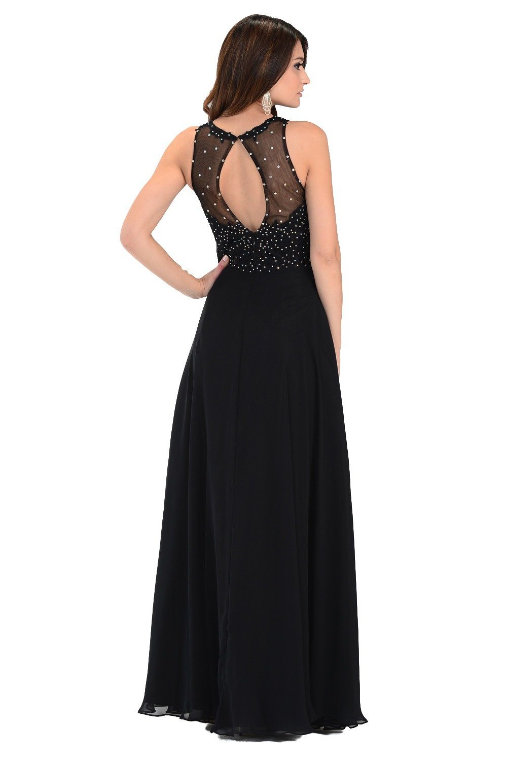 Black Long Chiffon Dress with Lace Applique Top by Poly USA-Long Formal Dresses-ABC Fashion