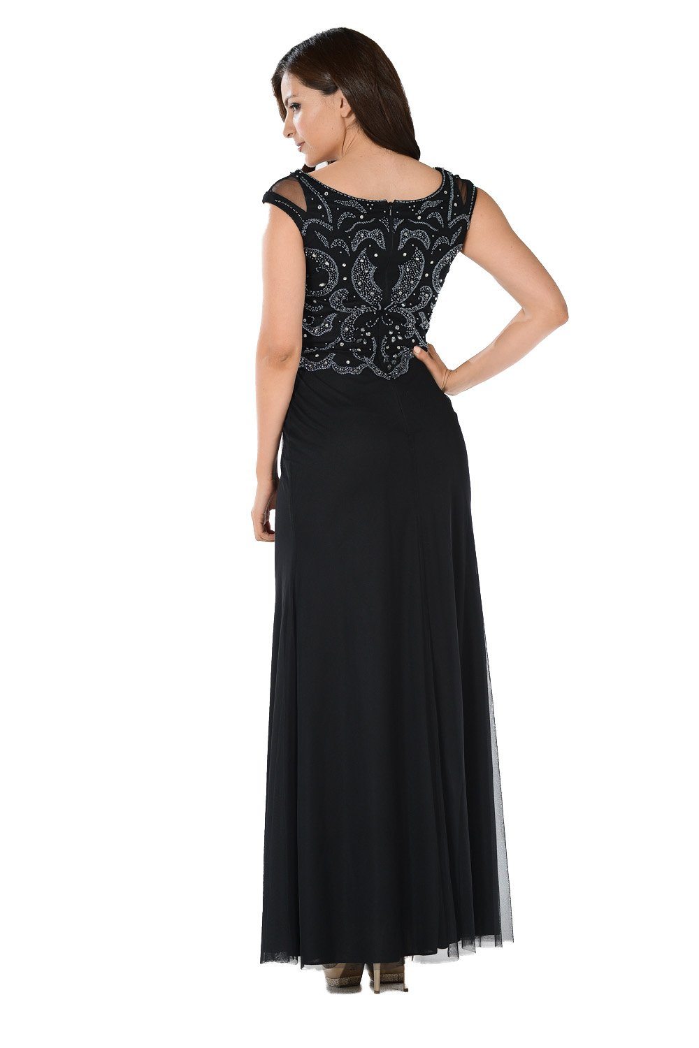 Black Long Dress with Beaded Mesh Bodice by Poly USA-Long Formal Dresses-ABC Fashion