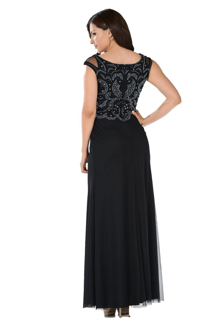 Black Long Dress with Beaded Mesh Bodice by Poly USA-Long Formal Dresses-ABC Fashion