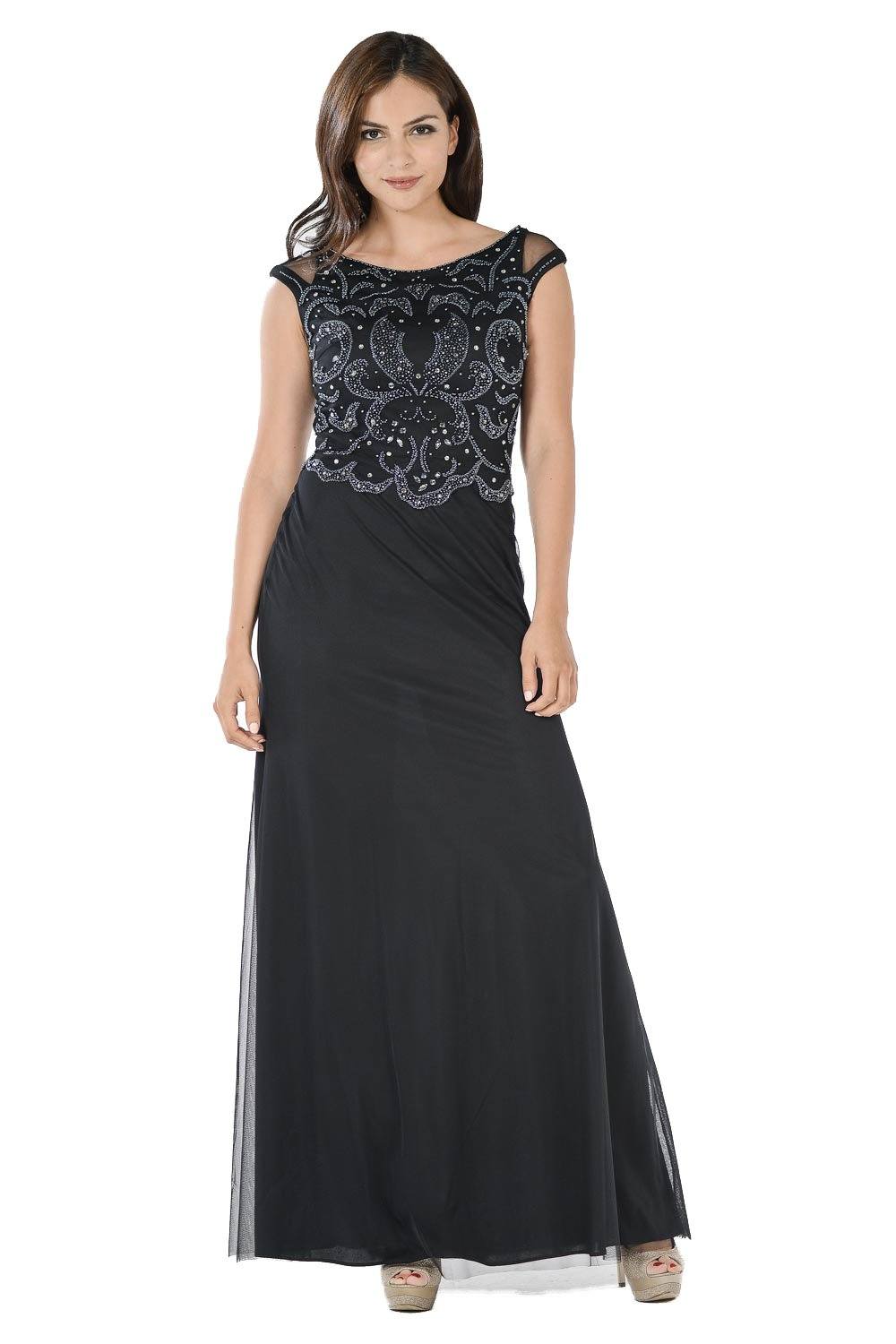 Black Long Dress with Beaded Mesh Bodice by Poly USA-Long Formal Dresses-ABC Fashion