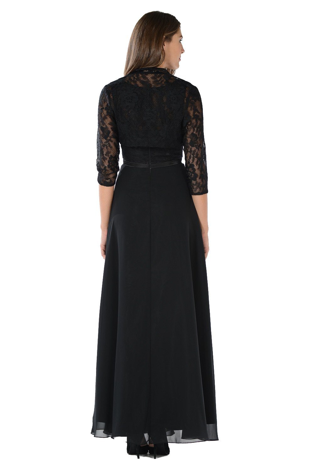 Black Long Lace Bodice Dress with Bolero Jacket by Poly USA-Long Formal Dresses-ABC Fashion