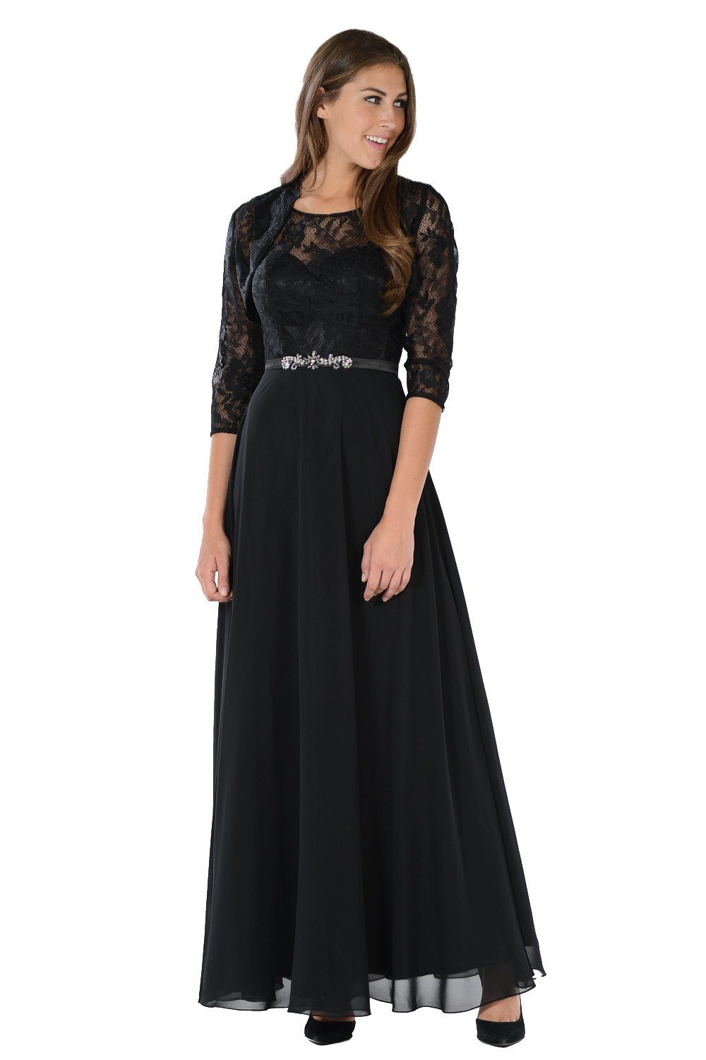 Black Long Lace Bodice Dress with Bolero Jacket by Poly USA-Long Formal Dresses-ABC Fashion