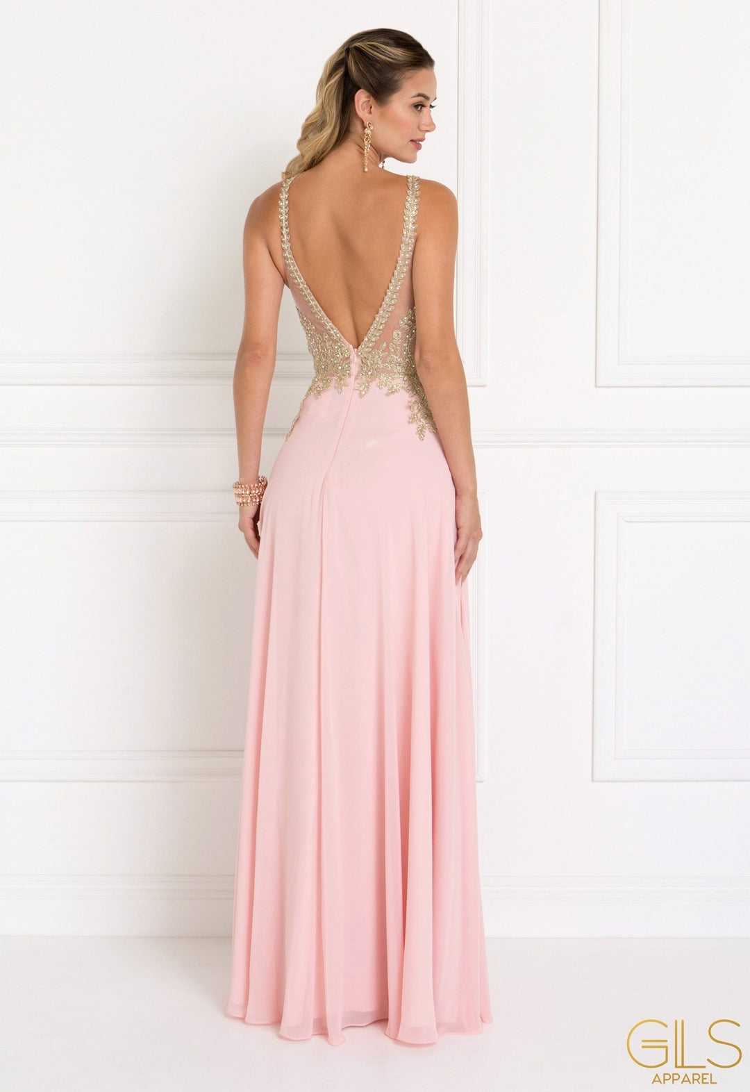 Black Long Open Back Chiffon Dress by Elizabeth K GL1526-Long Formal Dresses-ABC Fashion