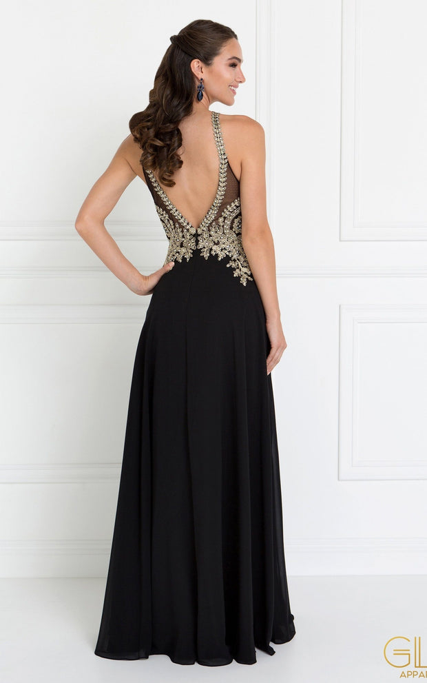 Black Long Open Back Chiffon Dress by Elizabeth K GL1526-Long Formal Dresses-ABC Fashion