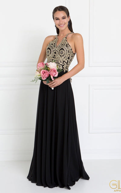 Black Long Open Back Chiffon Dress by Elizabeth K GL1526-Long Formal Dresses-ABC Fashion