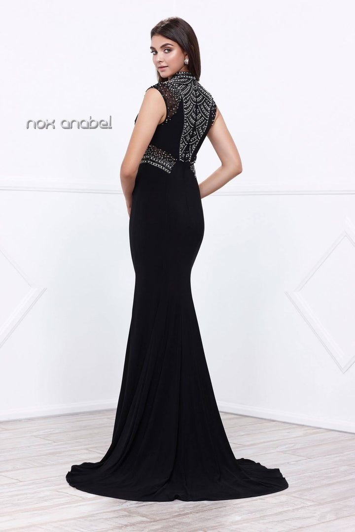 Black Long Sleeveless Beaded Illusion Dress by Nox Anabel 8285-Long Formal Dresses-ABC Fashion