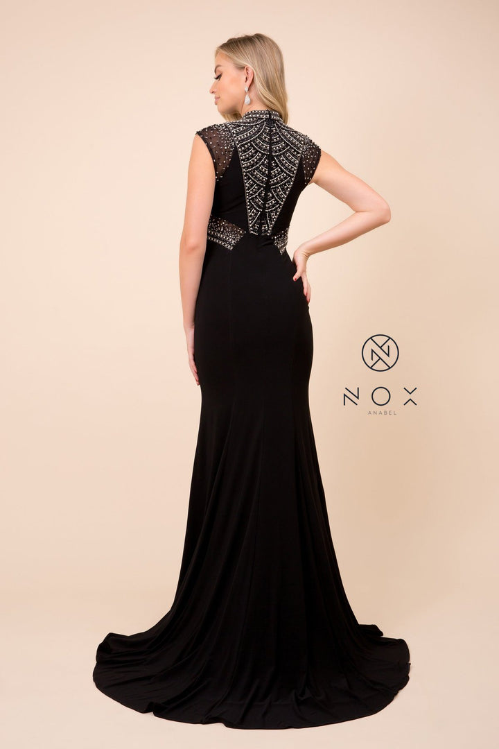 Black Long Sleeveless Beaded Illusion Dress by Nox Anabel 8285